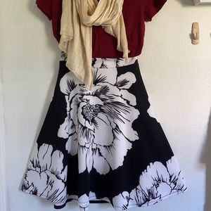 Black and white floral Knee length circle skirt with elastic waist band